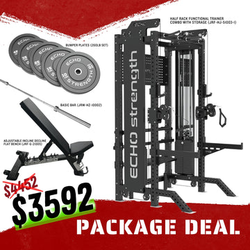Half Rack Functional Trainer Combo with Storage, FID Bench, Basic Bar, Bumper Plates Package