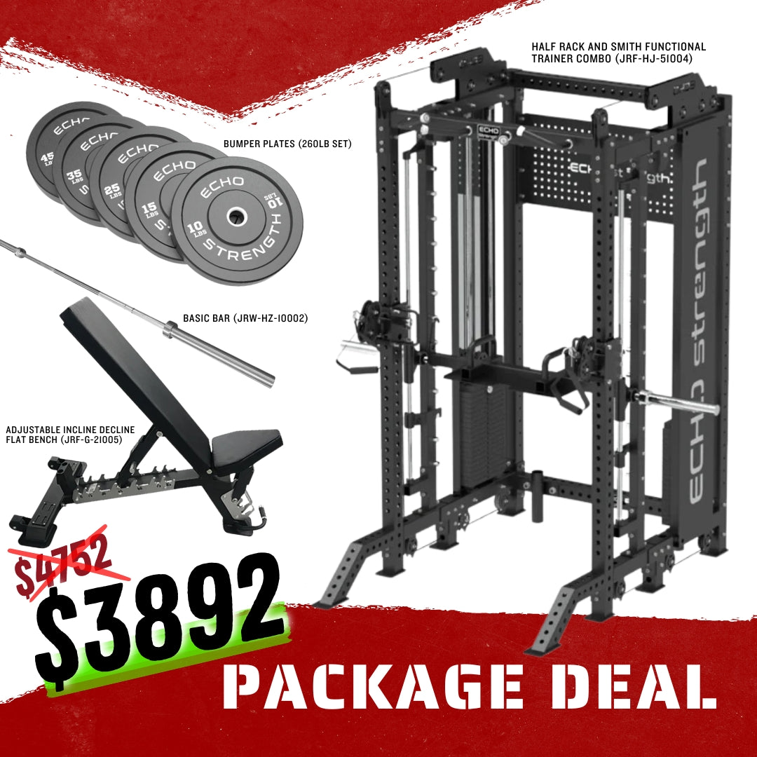 Half Rack and Smith Functional Trainer Combo, FID Bench, Basic Bar, Bumper Plates Package