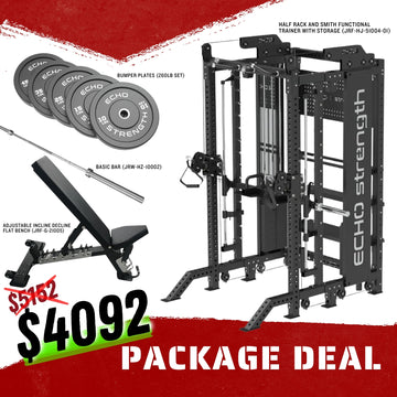 Half Rack and Smith Functional Trainer Combo with Storage, FID Bench, Basic Bar, Bumper Plates Package