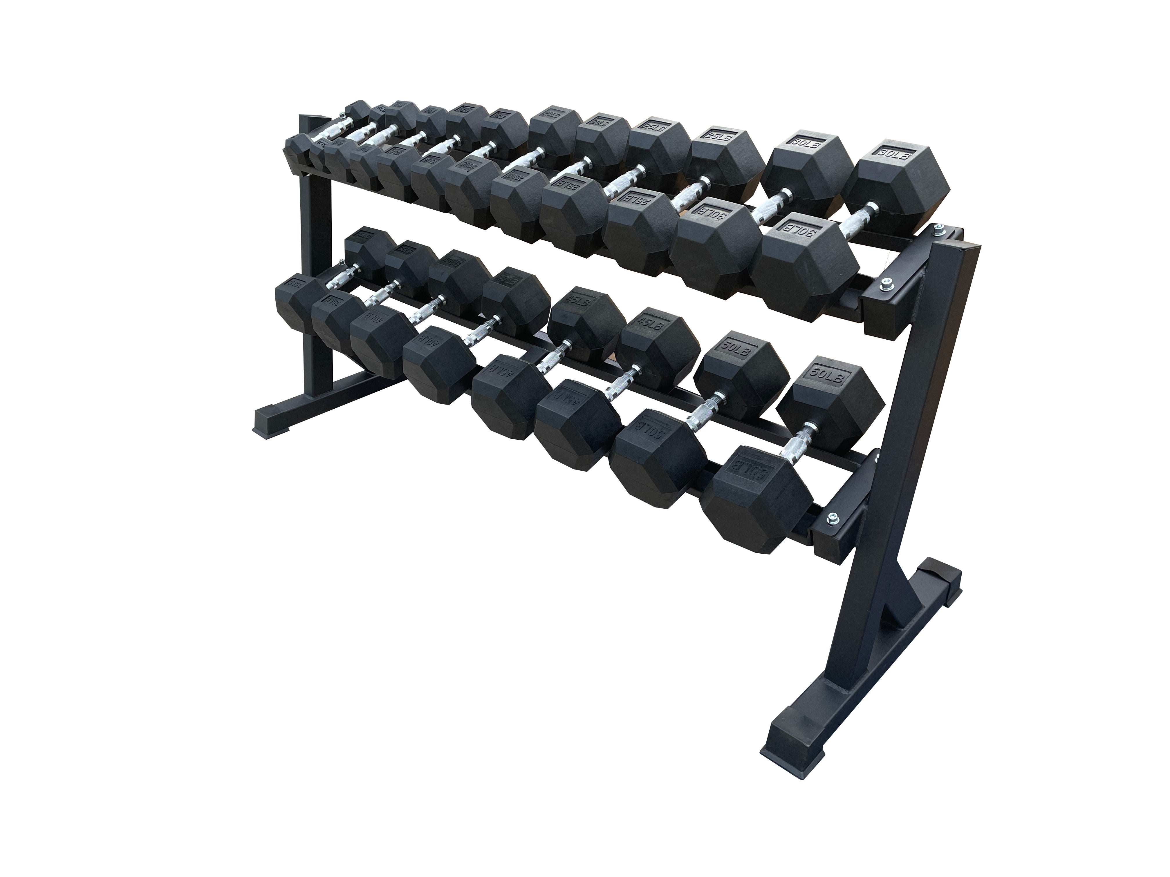 Rubber Hex Dumbbell Sets + Dumbbell Rack Combo