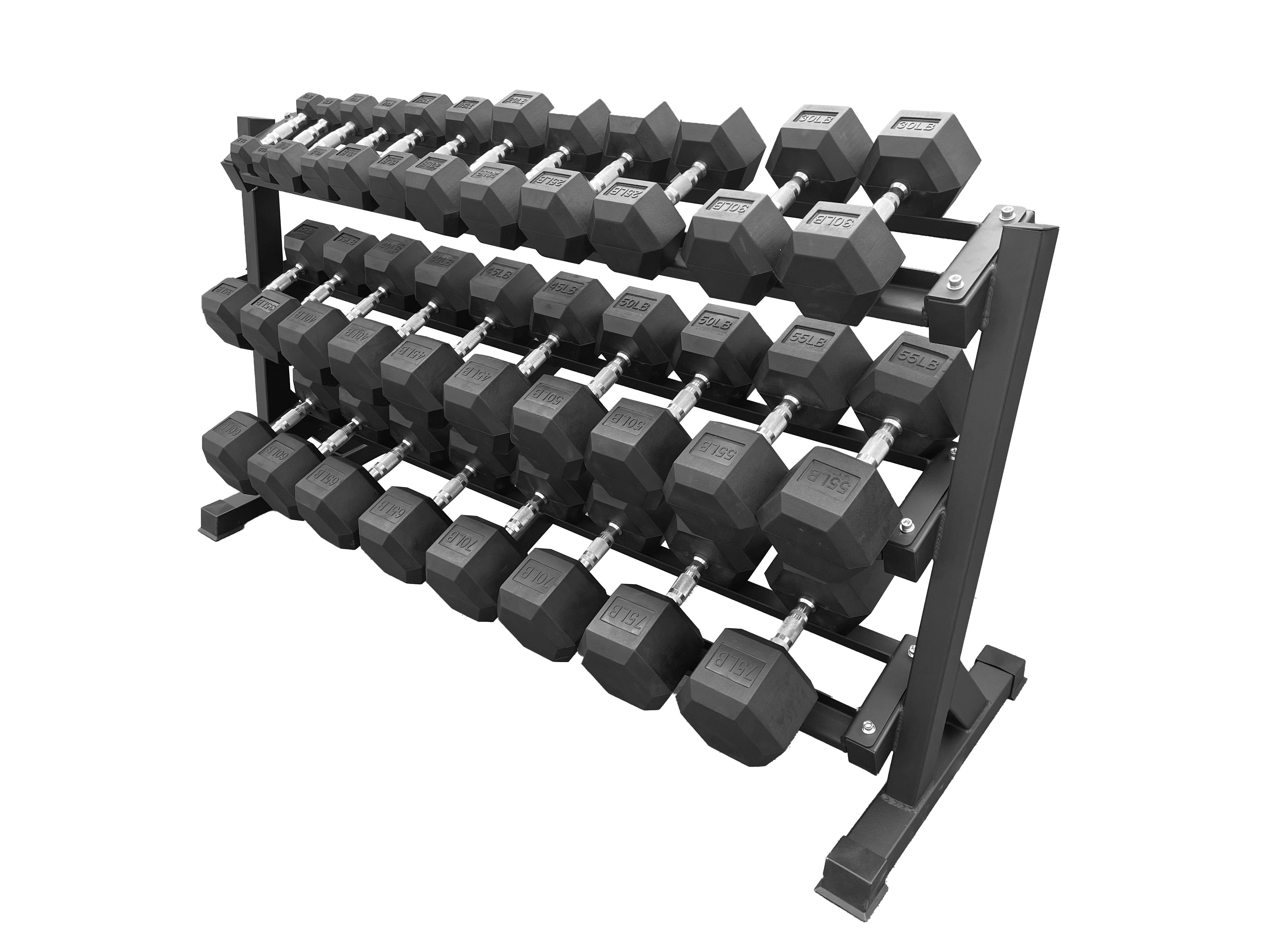 Rubber Hex Dumbbell Sets + Dumbbell Rack Combo
