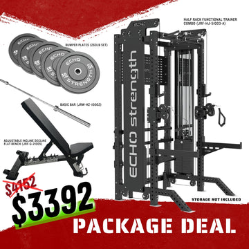 Half Rack Functional Trainer Combo, FID Bench, Basic Bar & Bumper Plates Package