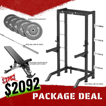 Half Rack Combo Package, Adjustable Bench, Barbell, Bumper Plates