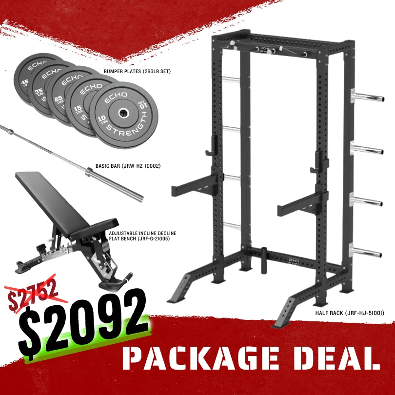 Half Rack Combo Package, Adjustable Bench, Barbell, Bumper Plates
