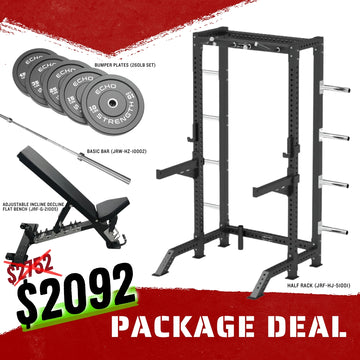 Half Rack Combo Package, FID Bench, Barbell, Bumper Plates