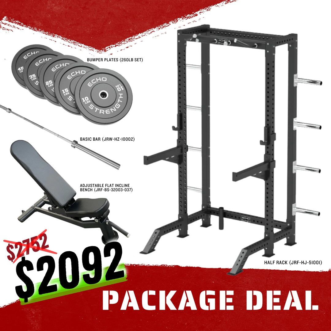 Half Rack Combo Package, Adjustable Bench, Barbell, Bumper Plates