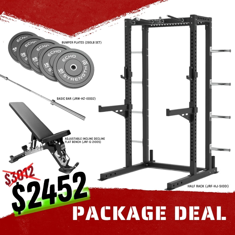 Half Rack Combo Package, Adjustable Bench, Barbell, Bumper Plates