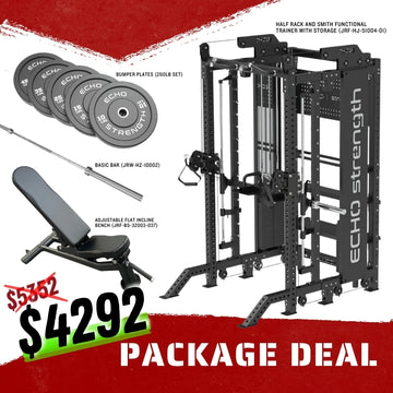 Half Rack and Smith Functional Trainer Combo with Storage, Adjustable Bench, Basic Bar, Bumper Plates Package