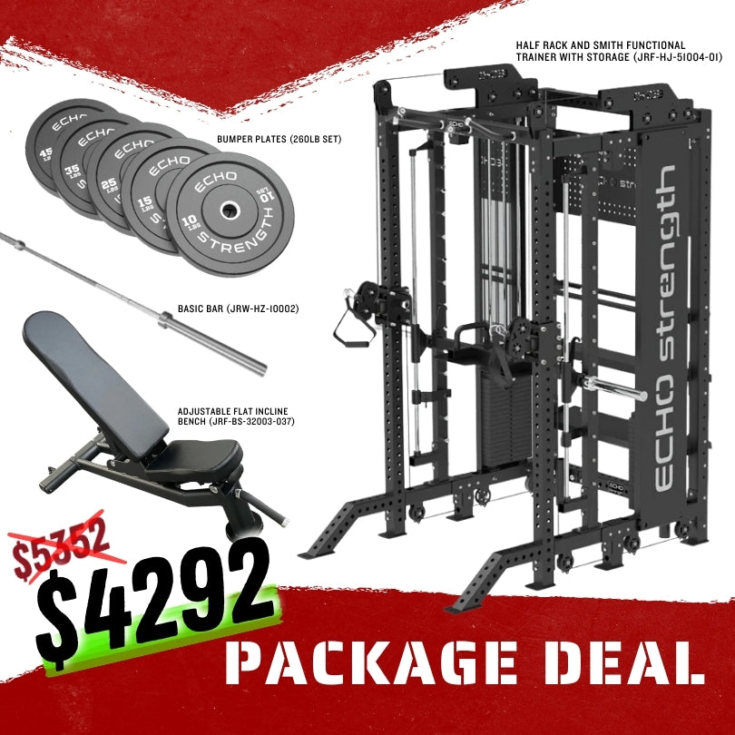 Half Rack and Smith Functional Trainer Combo with Storage, Adjustable Bench, Basic Bar, Bumper Plates Package