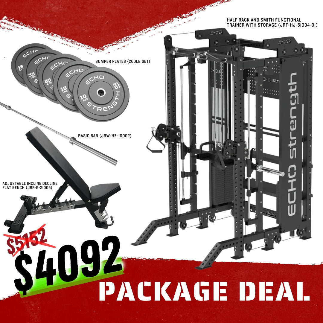 Half Rack and Smith Functional Trainer Combo with Storage, FID Bench, Basic Bar, Bumper Plates Package