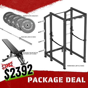 Power Rack Combo Package, Adjustable Bench, Barbell, Bumper Plates