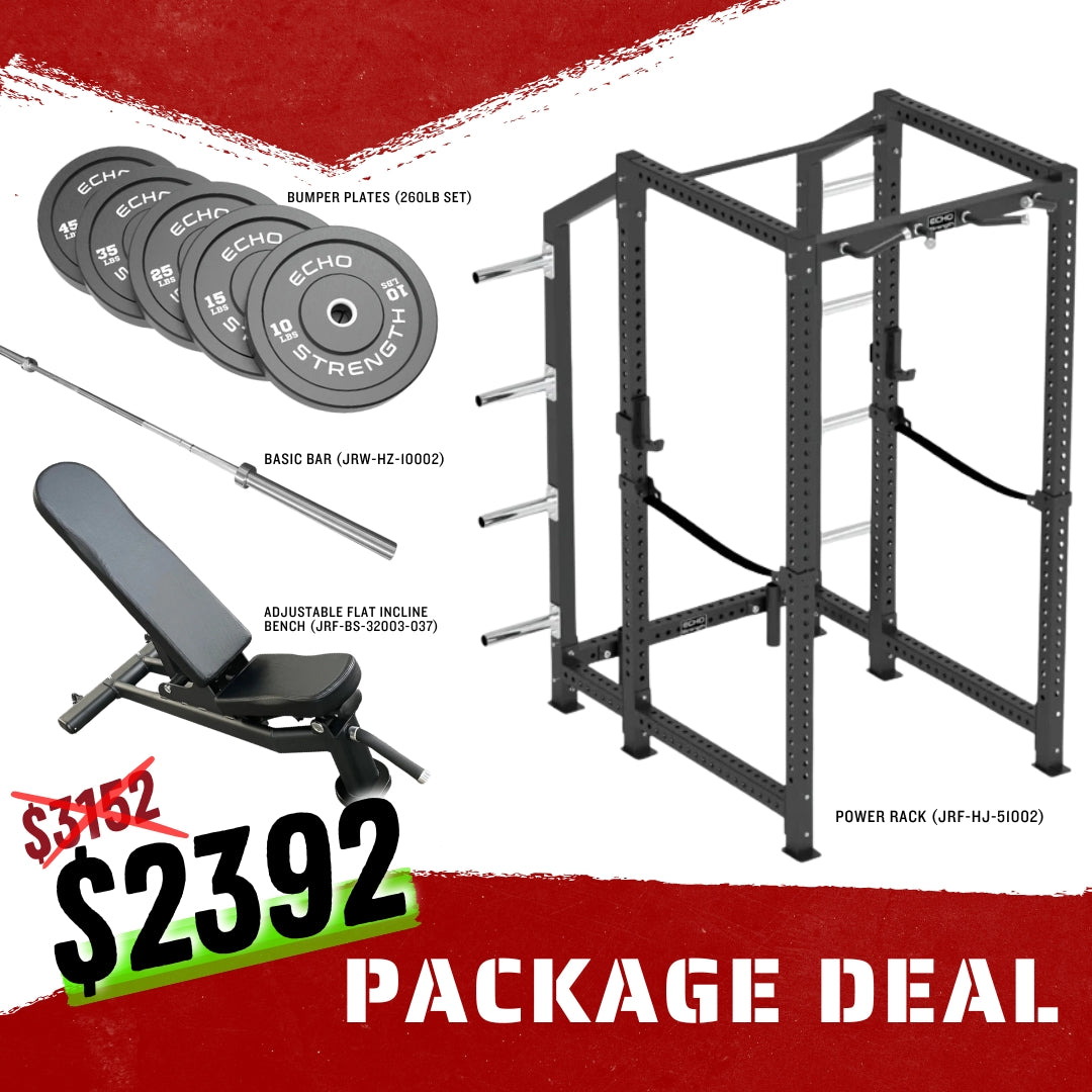 Power Rack Combo Package, Adjustable Bench, Barbell, Bumper Plates